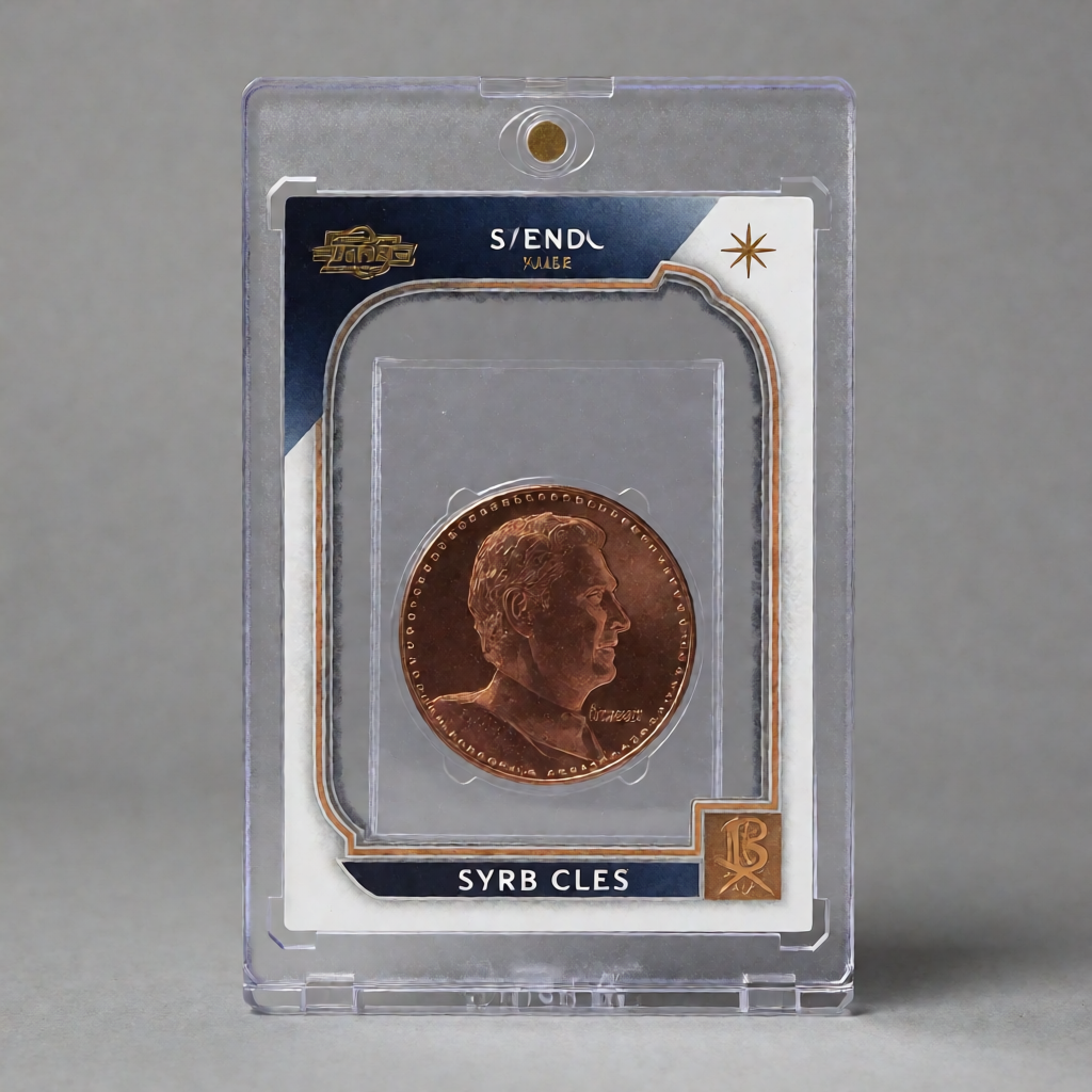 Close-up of graded sports card inside rigid plastic top loader with penny sleeve, showing full front and back protection layers