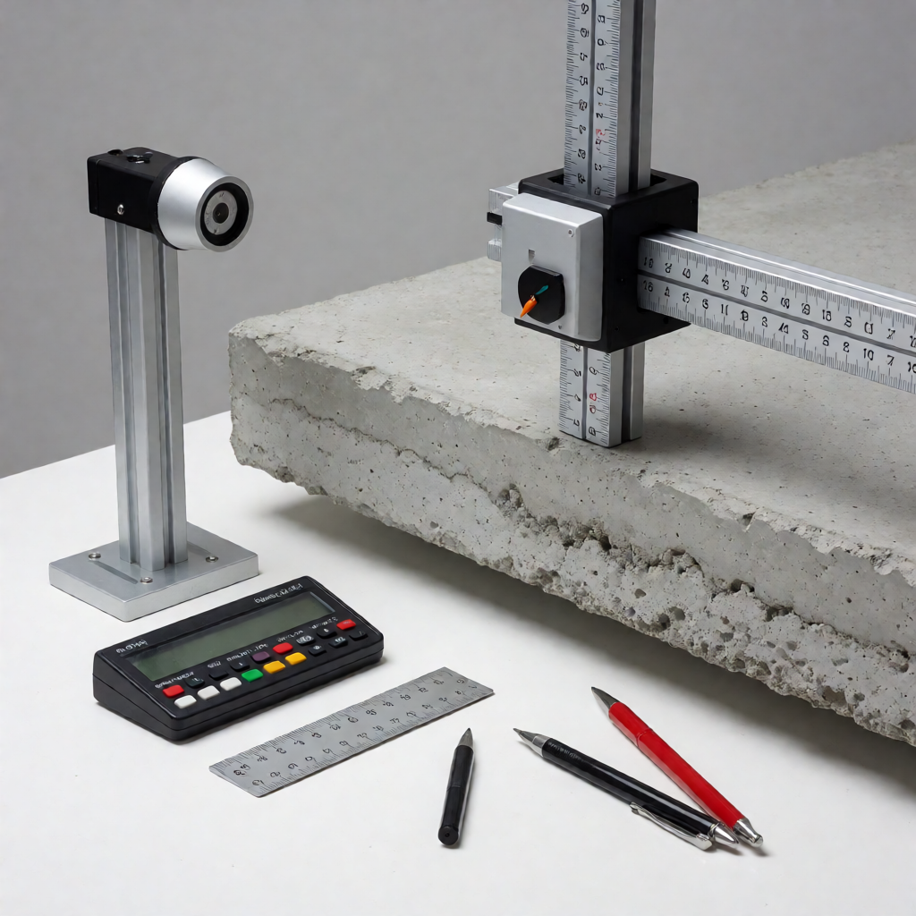 Close-up of precision grading inspection equipment examining concrete slab surfaces, showing measurement tools and surface texture comparison plates in a clean industrial testing environment