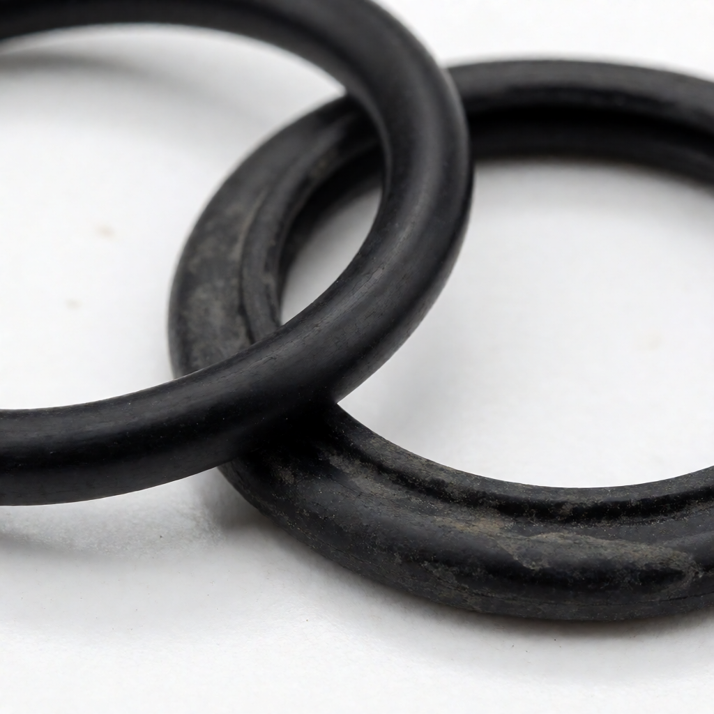Close-up comparison of deteriorated and new waterproof card case O-ring seals showing cracks, compression set, and material degradation