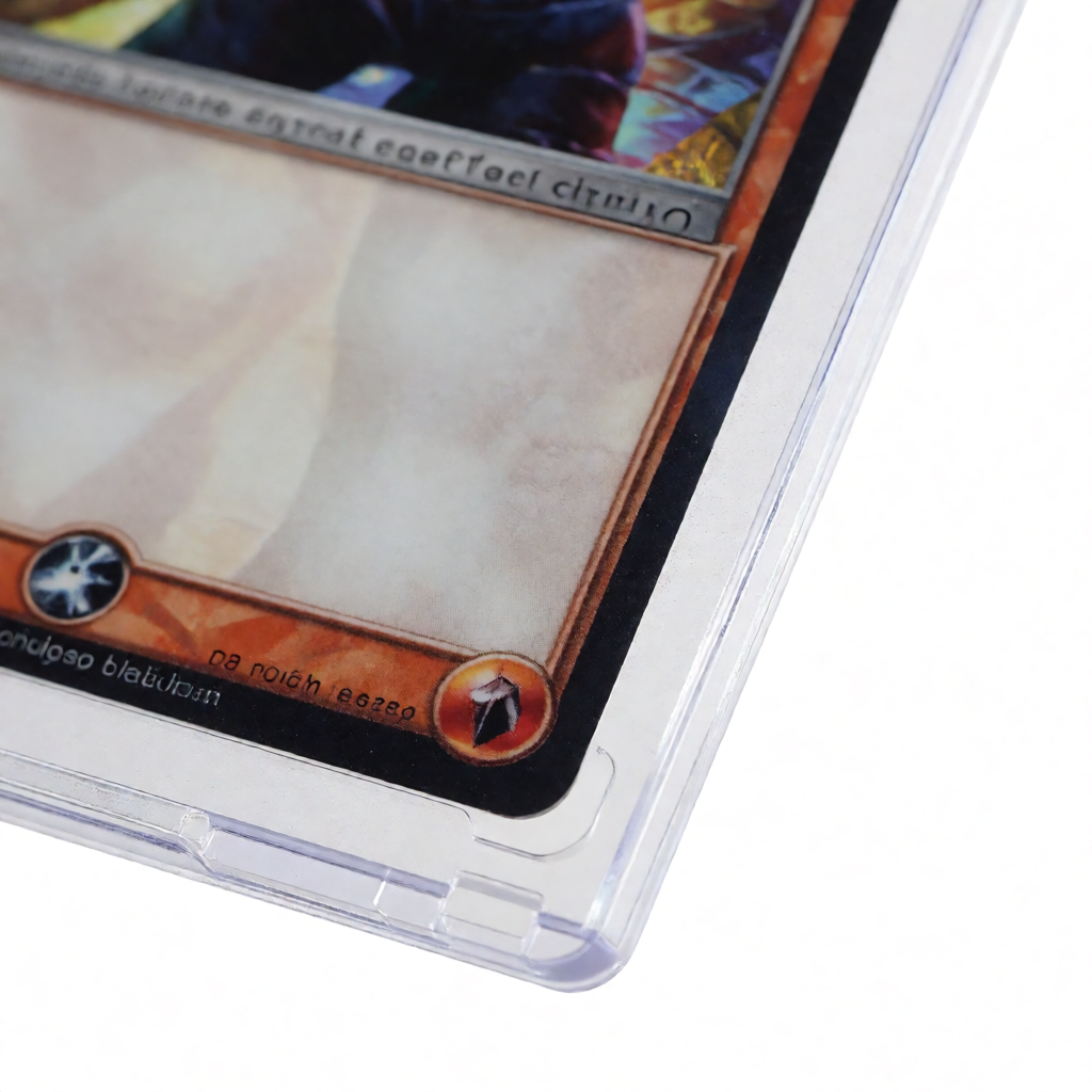 Clear TPU card sleeve protecting a collectible trading card with smooth glossy finish