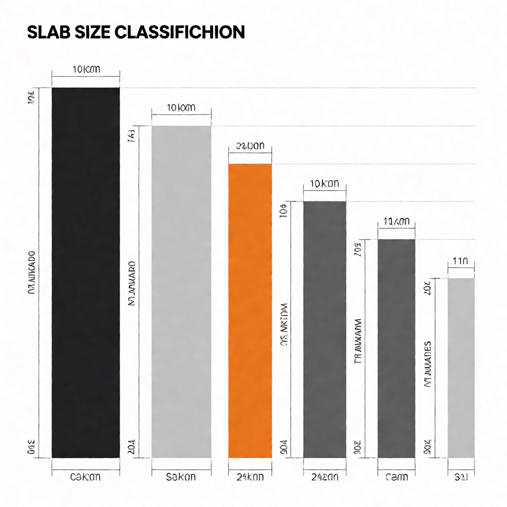 Technical comparison diagram showing different slab thickness and size categories with measurement markings, illustrating grading standards for construction materials in a clean infographic style