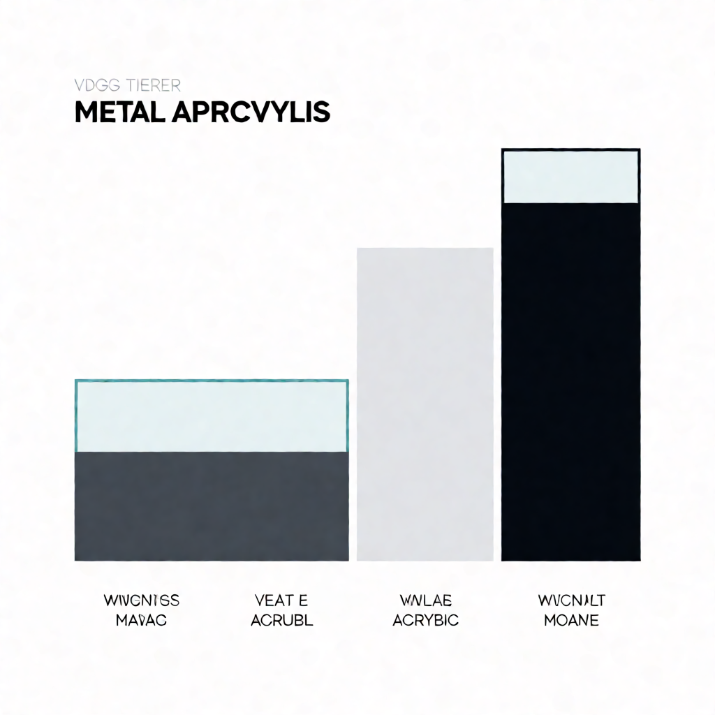 Metal and acrylic display cases with price range infographic showing cost differences between materials
