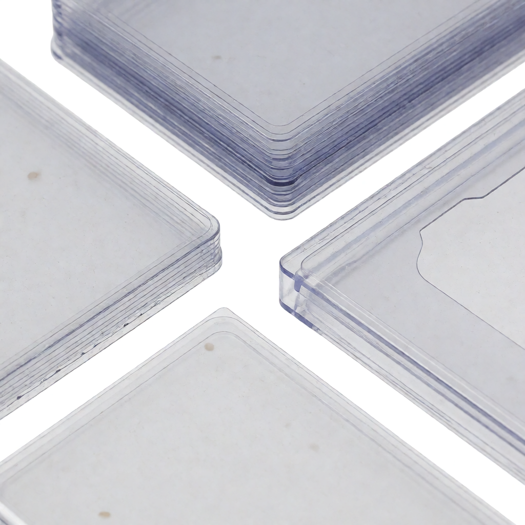 Close-up of card protector materials showing plastic and polymer textures side by side