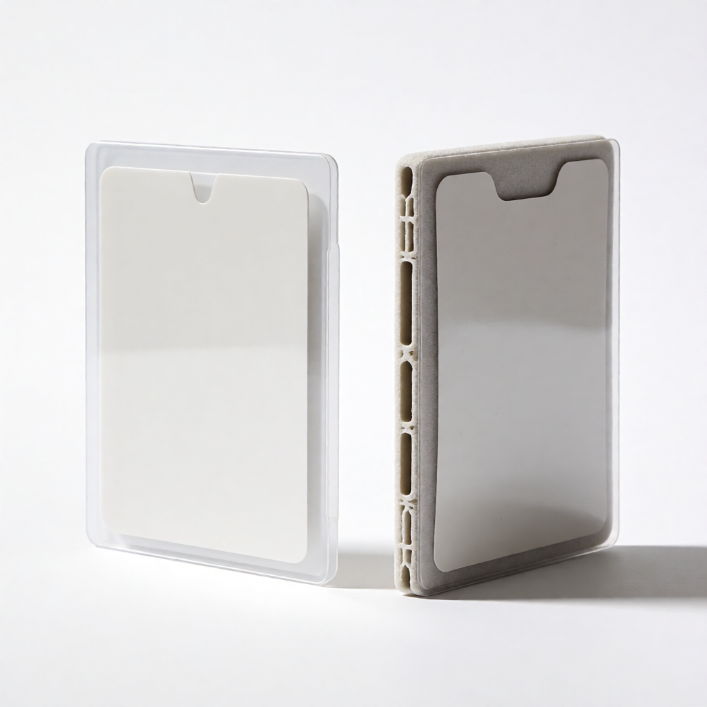 Side-by-side comparison of rigid toploader and card saver showing thickness and protection levels