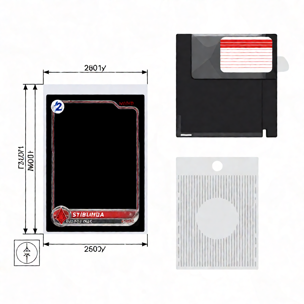 Technical diagram showing standard sports card dimensions 2.5 by 3.5 inches with top loader and sleeve size comparisons