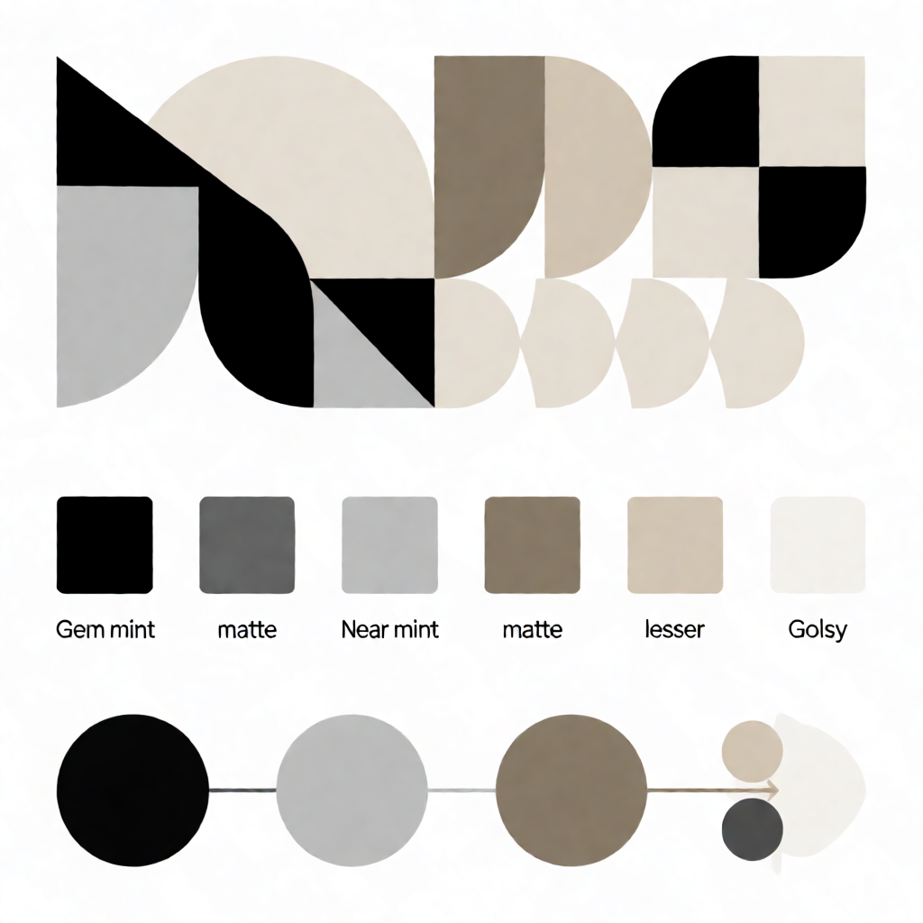 Technical glossary diagram showing grading scale labels, material finish types, and card accessory quality tiers as clean infographic elements