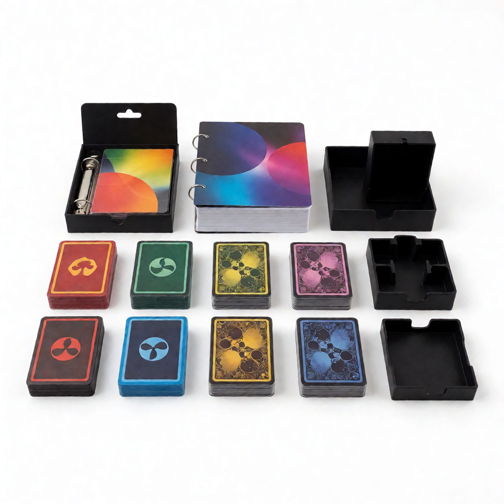 Close-up of assorted plastic and metal card game accessories including sleeves, binders, deck boxes, and display cases on white surface