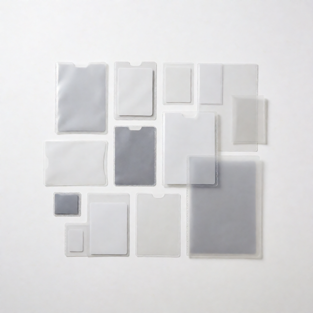 Variety of graded card protectors in different thicknesses and styles arranged on neutral surface