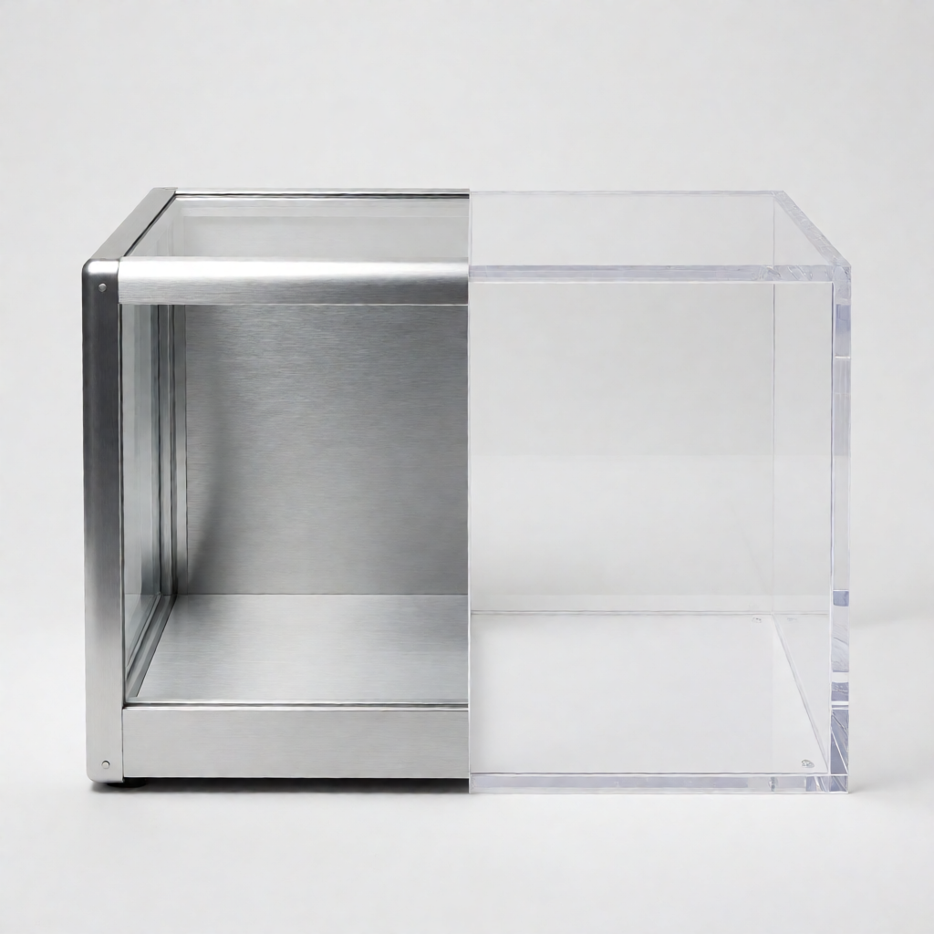 Side-by-side comparison of brushed aluminum and clear acrylic display case materials showing texture and finish differences